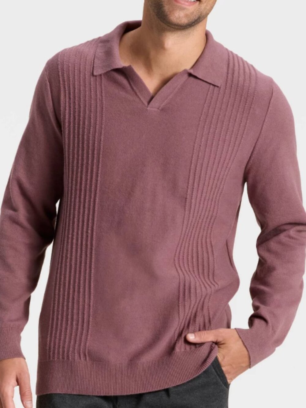 NEW Goodfellow & Co Men's Soft Knit Johnny Collar Long Sleeve Berry Pink Medium